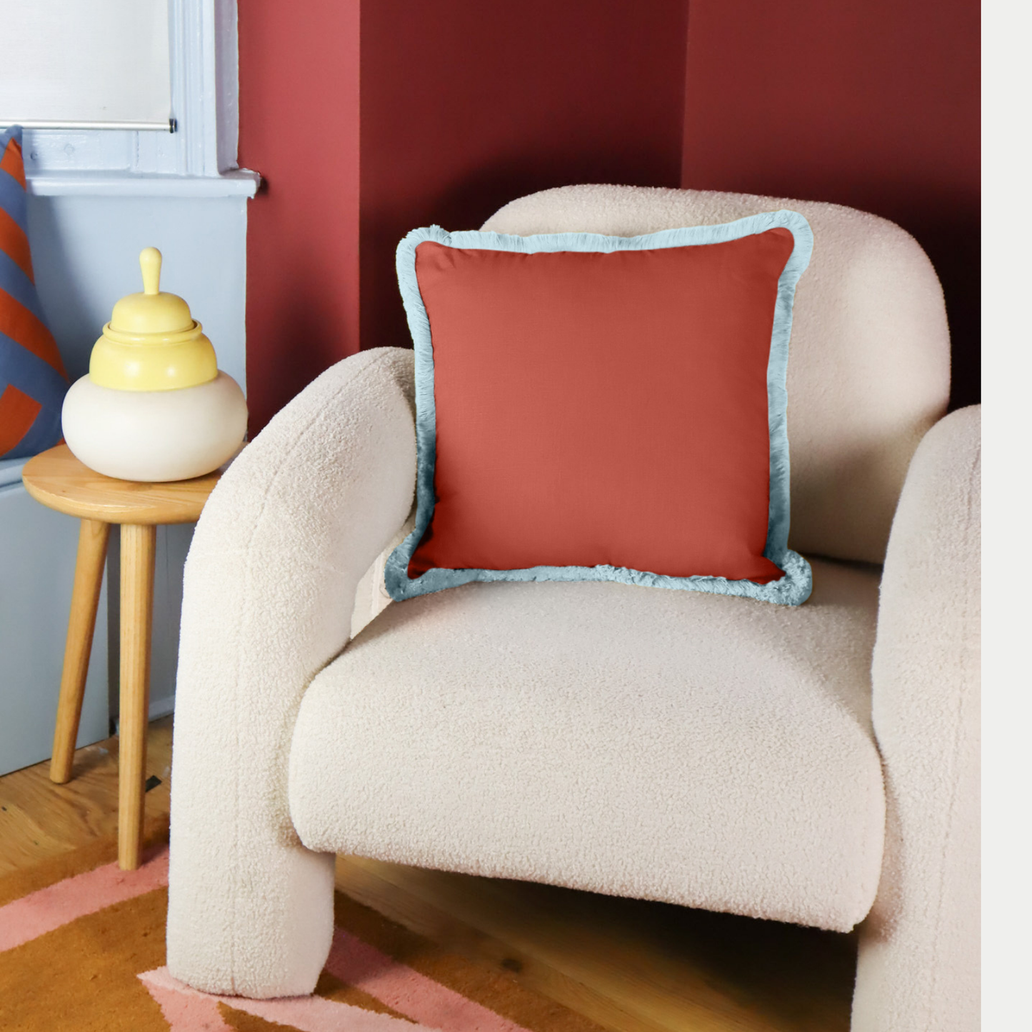 Linen Fringe Cushion | Periwinkle & Rust